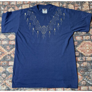 VTG 90'S JERZEES T-SHIRT BLUE RHINESTON NATIVE AMERICAN NECKLACE SZ M MEDIUM